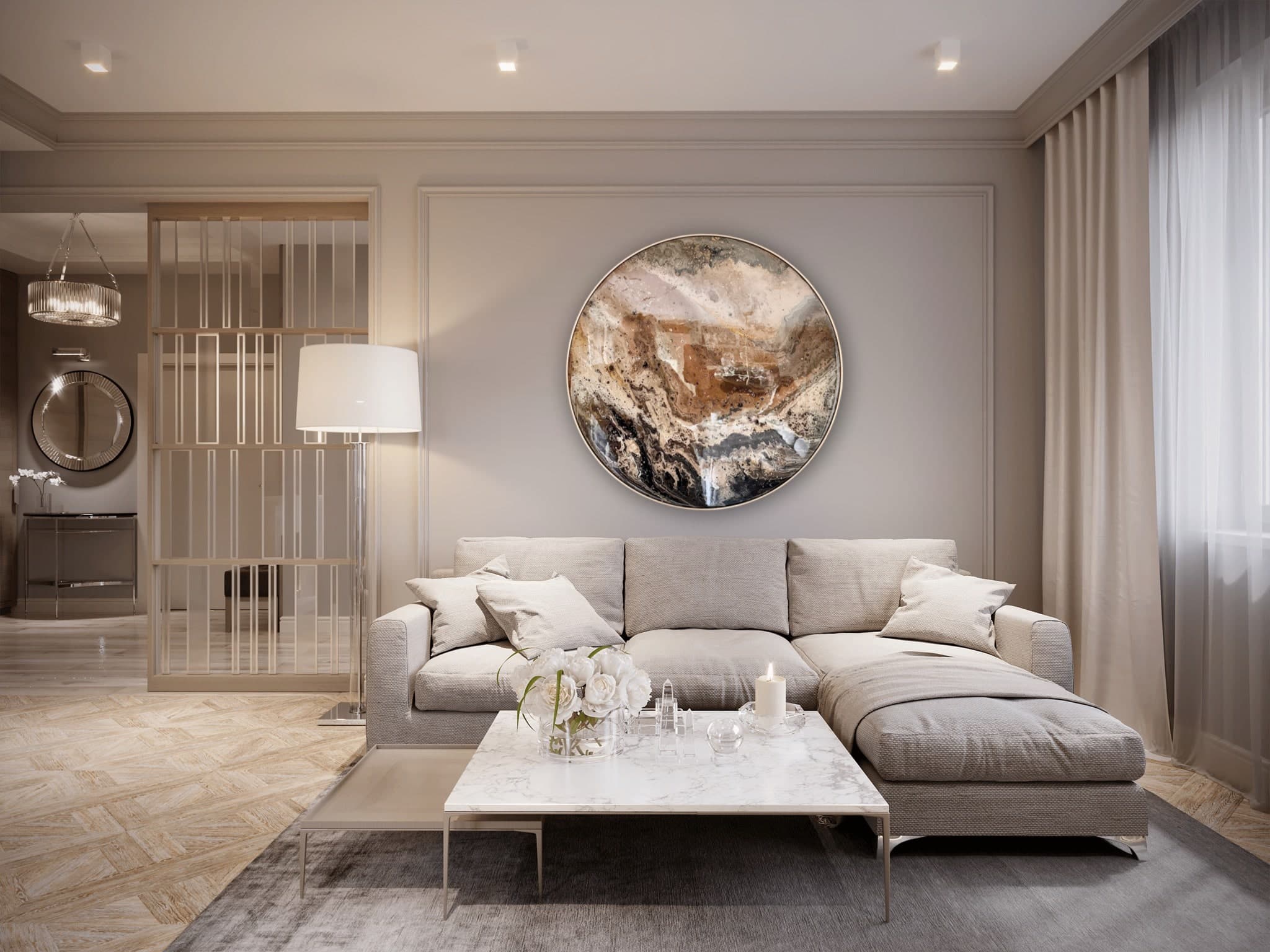 Earthbound boven een lichte hoekbank in een woonkamer in grijs en beige